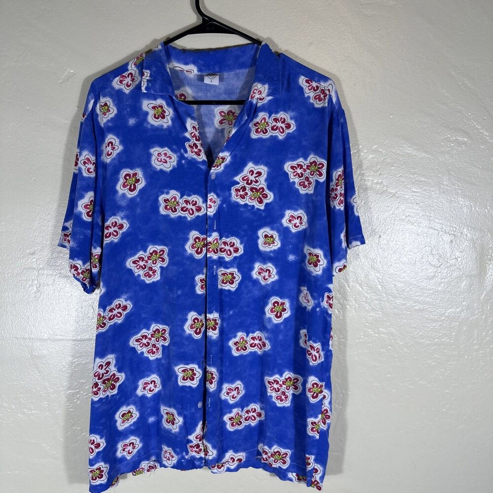 OF Tropical Hibiscus Odd Future Men’s Blue Short Sleeve Shirt Rayon Button Up